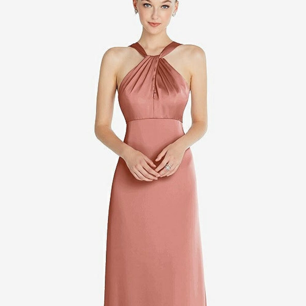 After Six 6855...Draped Twist Halter Low-Back Satin Dress...Desert Rose..Sz 12
